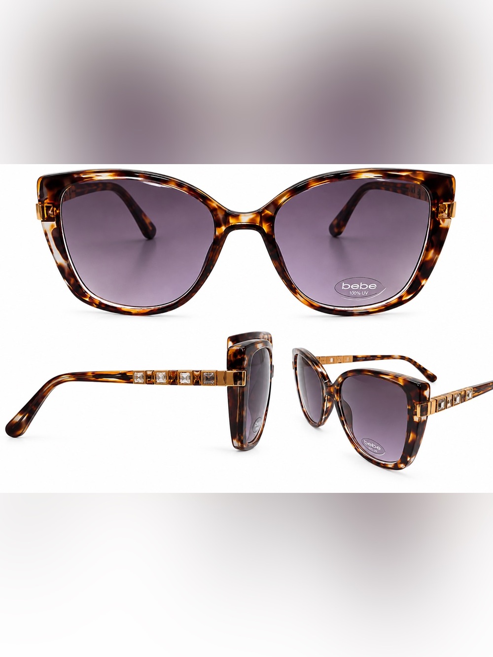 bebe Tortoise Sunglasses with Gold Crystal Temples - Brown Lenses ( No Case)